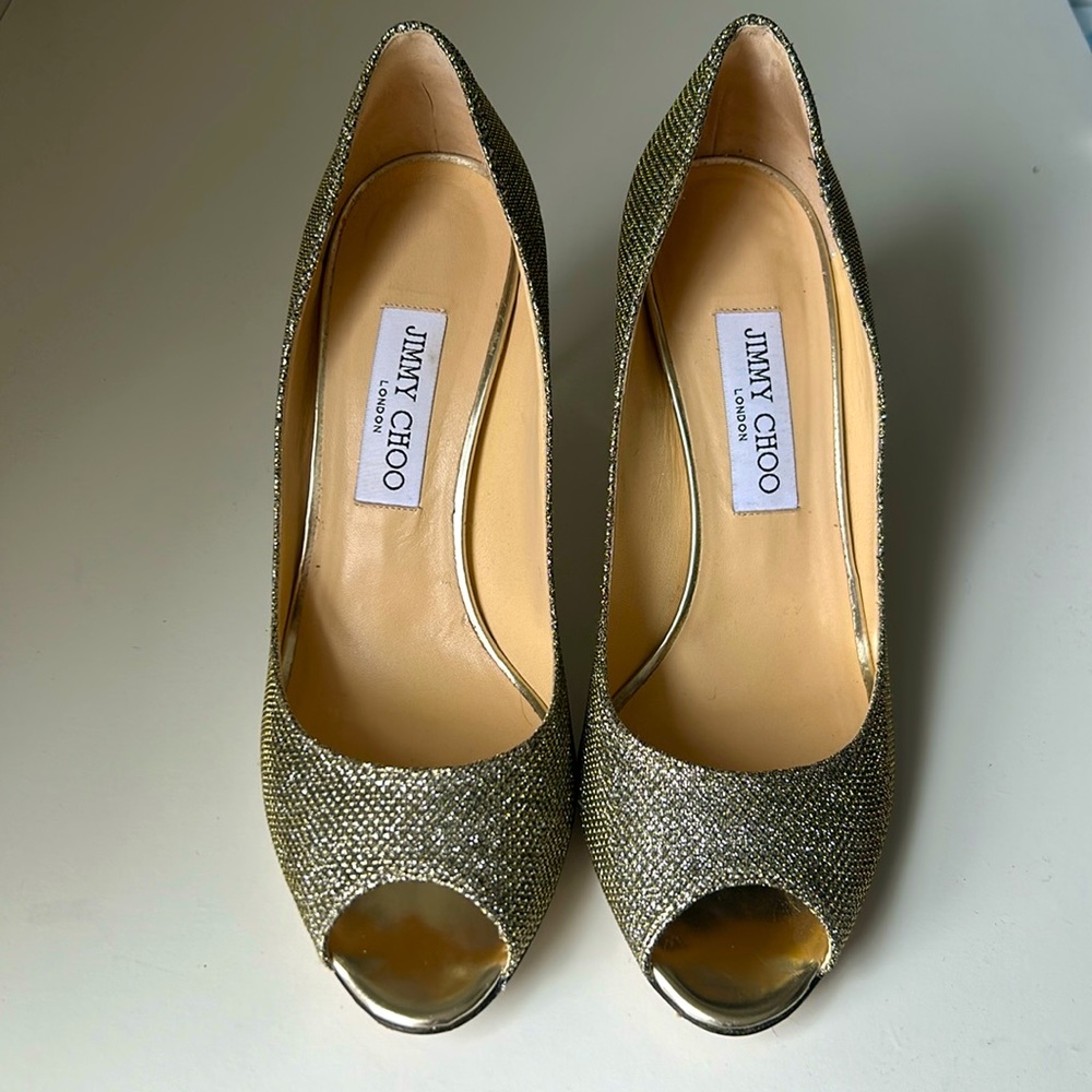 Jimmy Choo sparkly gold/silver peep toe pumps size 39